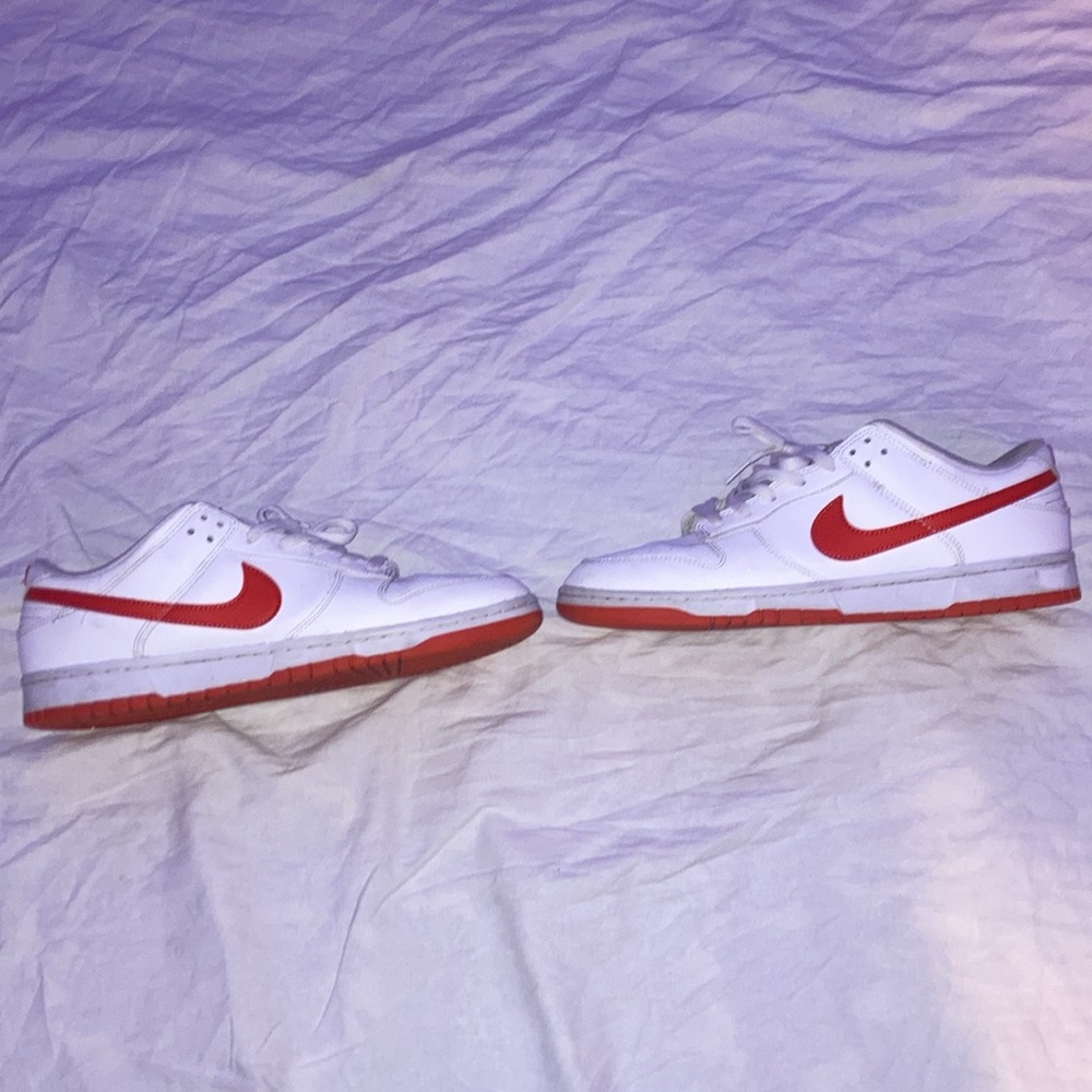 Red and white Nike dunks